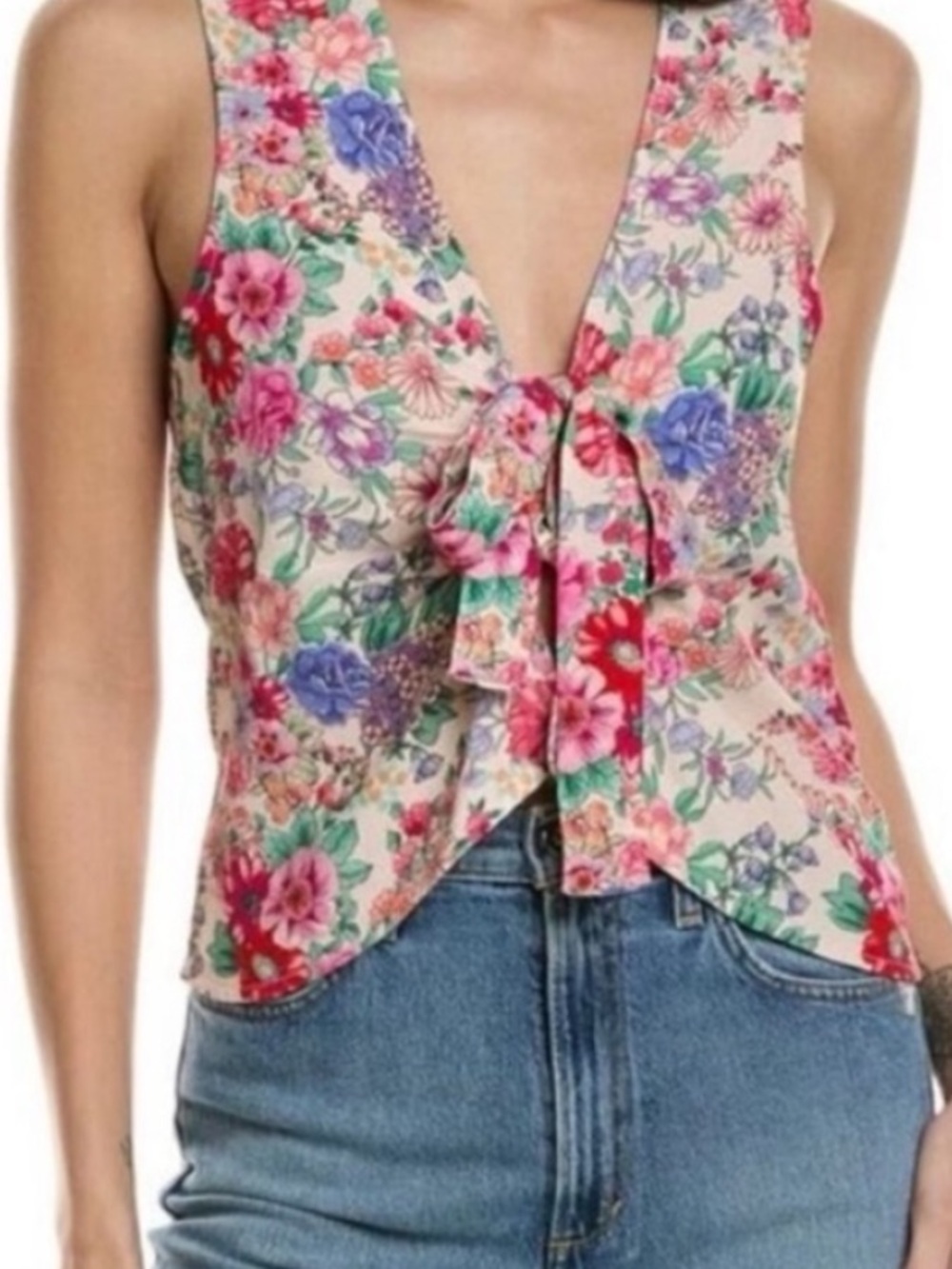 Favorite Daughter Floral Tie-Front Sleeveless Top - Cream/Pink